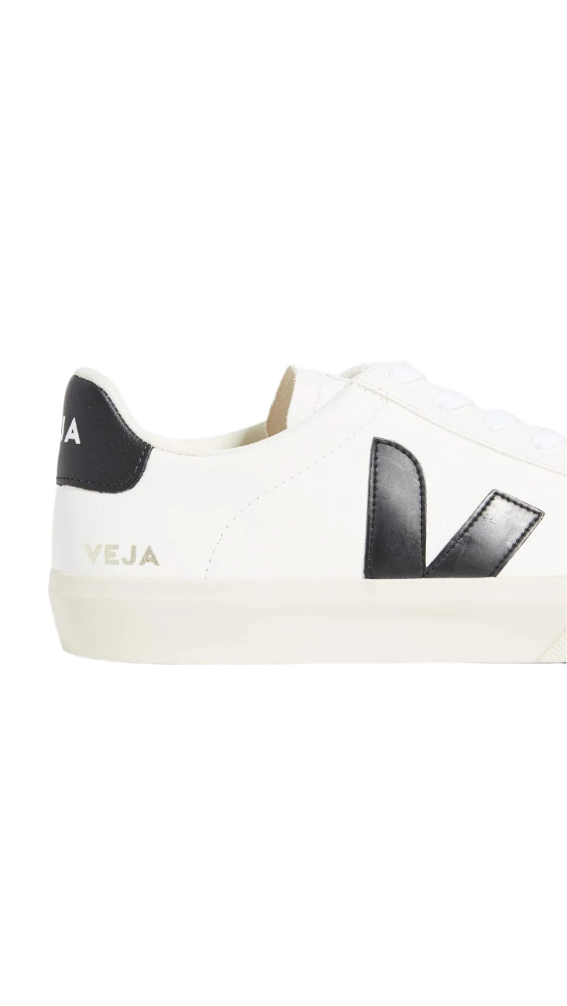 White sneaker with black accents on a white background