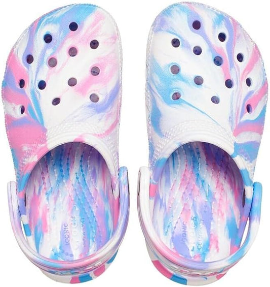 Crocs Unisex-Child Classic Marbled Tie-dye Clog | White/Pink - Ndoros