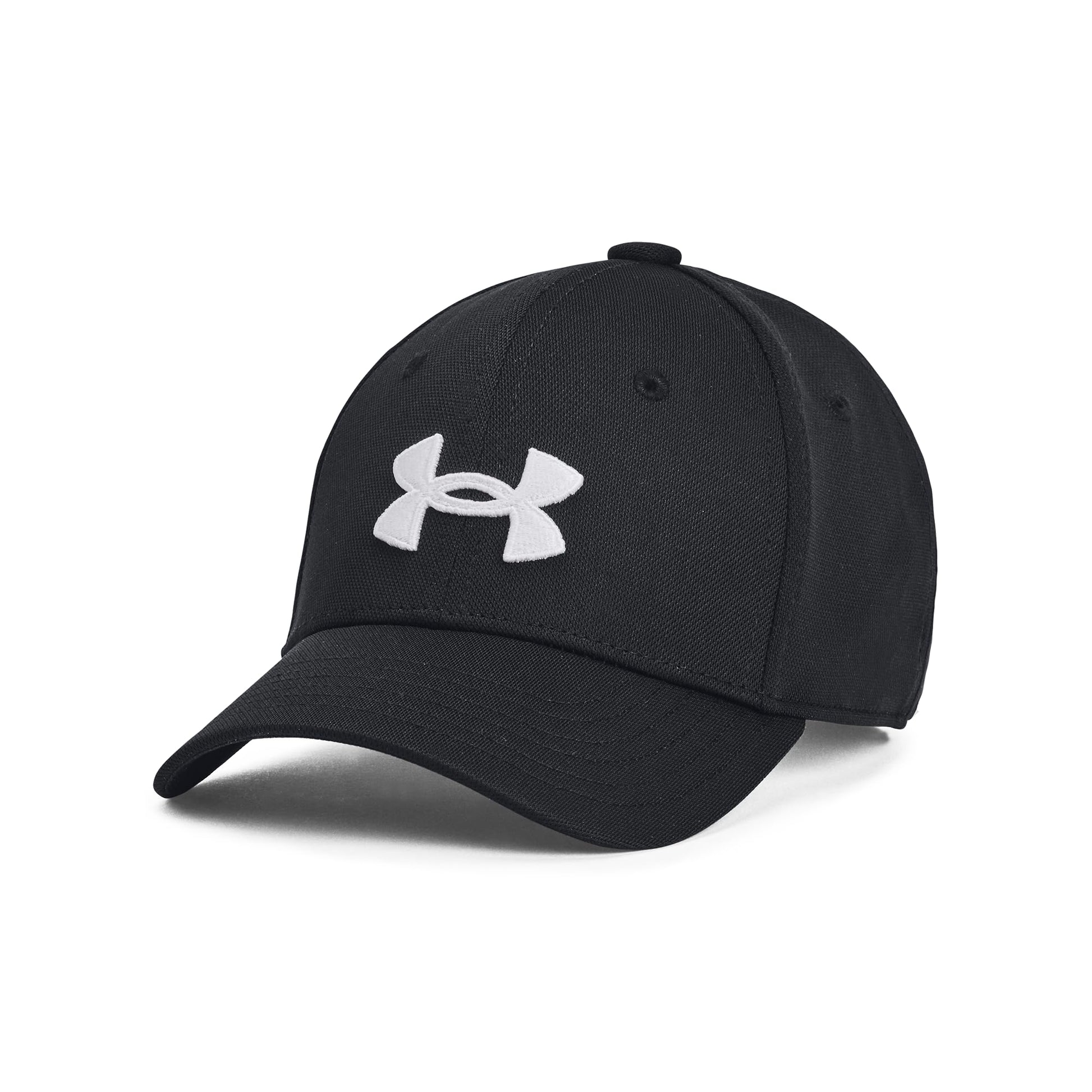 Black cap with a white logo on a white background