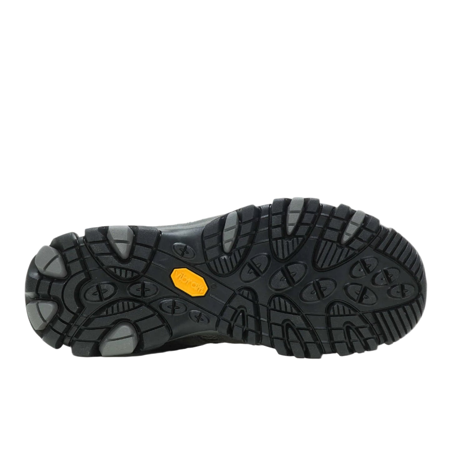 Black hiking shoe sole with a yellow label on a white background