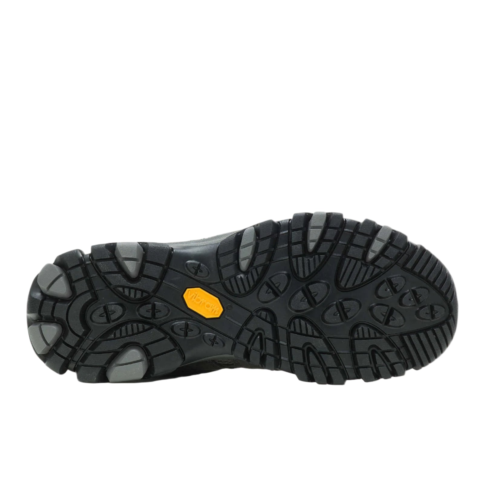 Black hiking shoe sole with a yellow label on a white background