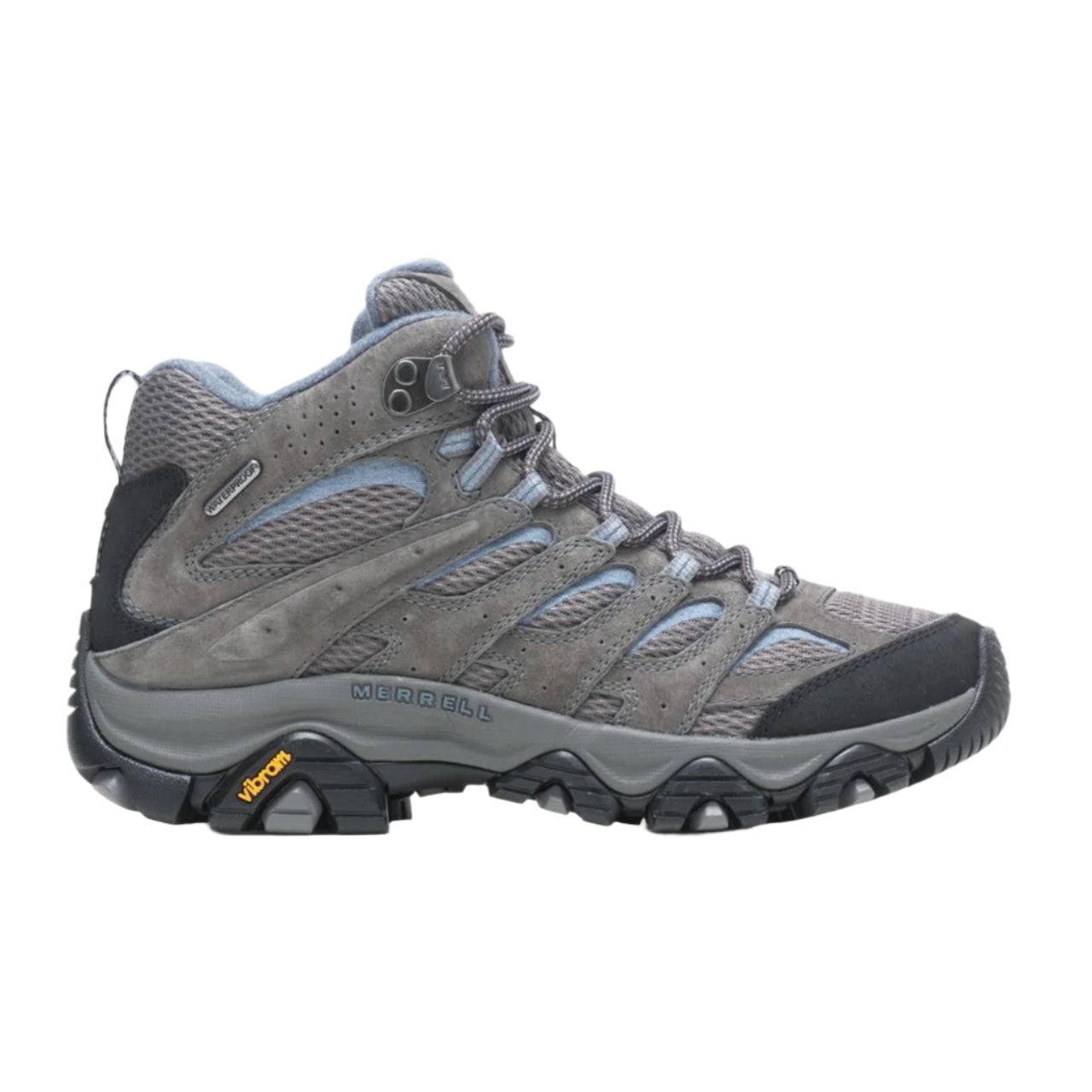 Gray hiking boot with black sole on a white background
