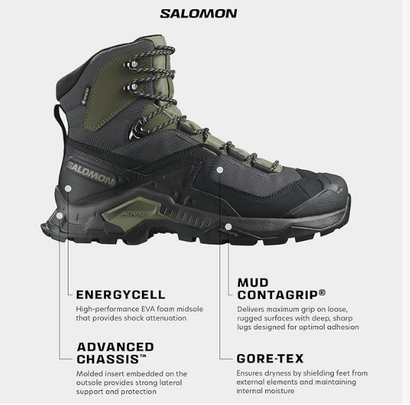 Salomon Men's QUEST ELEMENT GORE-TEX Leather Hiking Boots, Black / Deep Lichen Green / Olive Night - Ndoros
