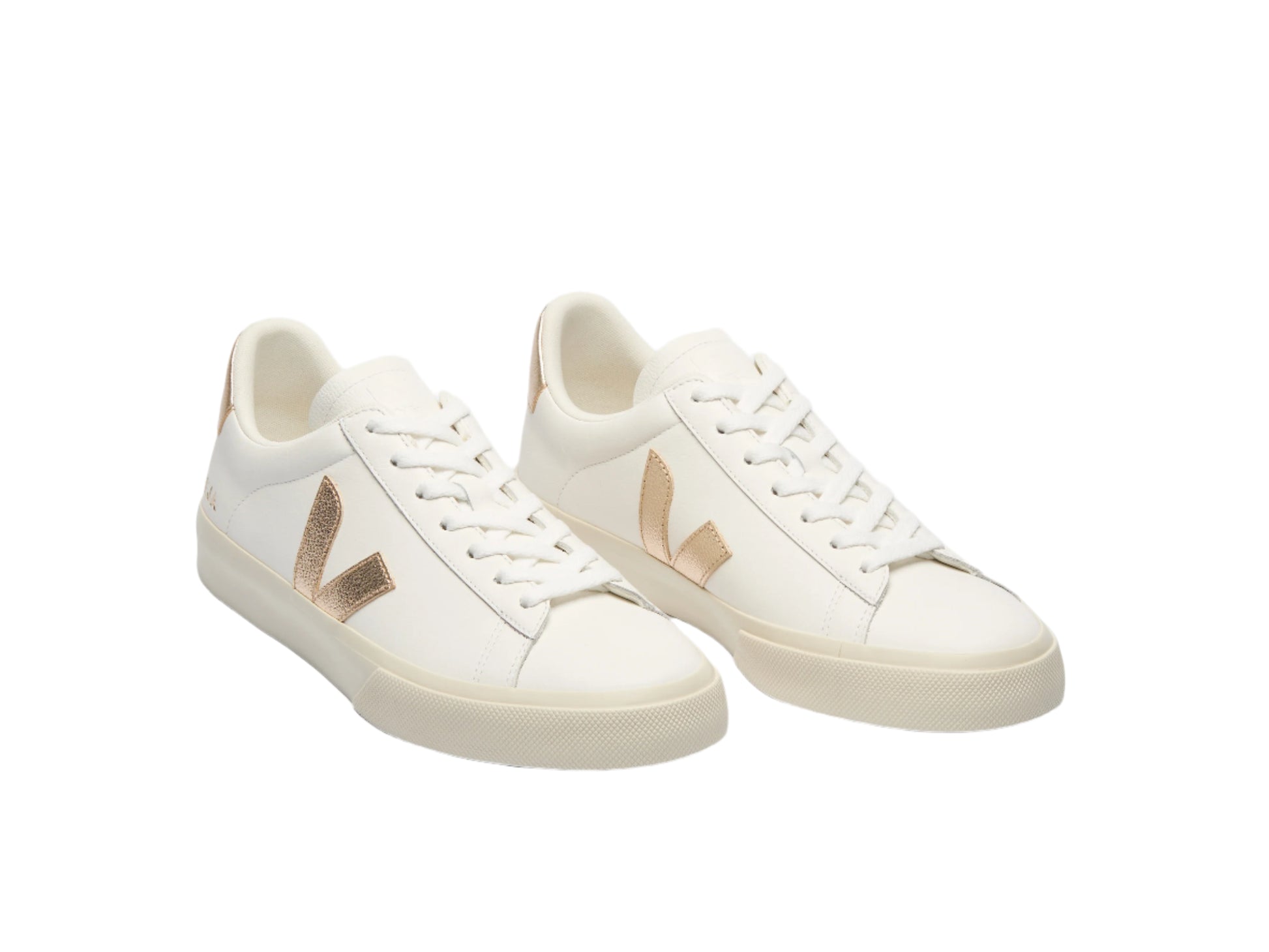 Pair of white sneakers with brand logo on a white background