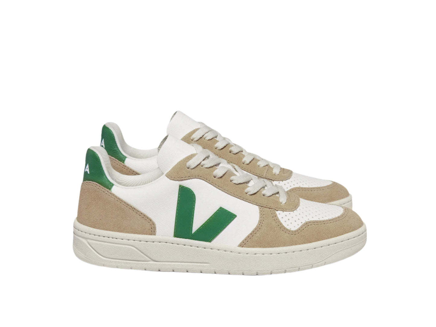 Sneaker with green and beige design on a white background