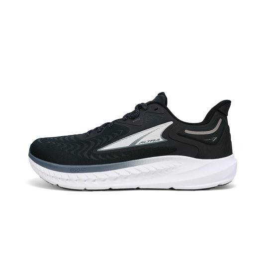 Black running shoe with white sole on a white background