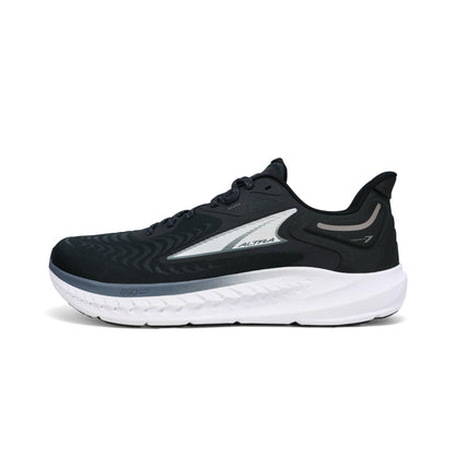 Black running shoe with white sole on a white background