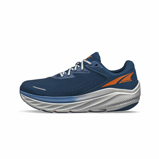 Blue running shoe with orange accents on a white background