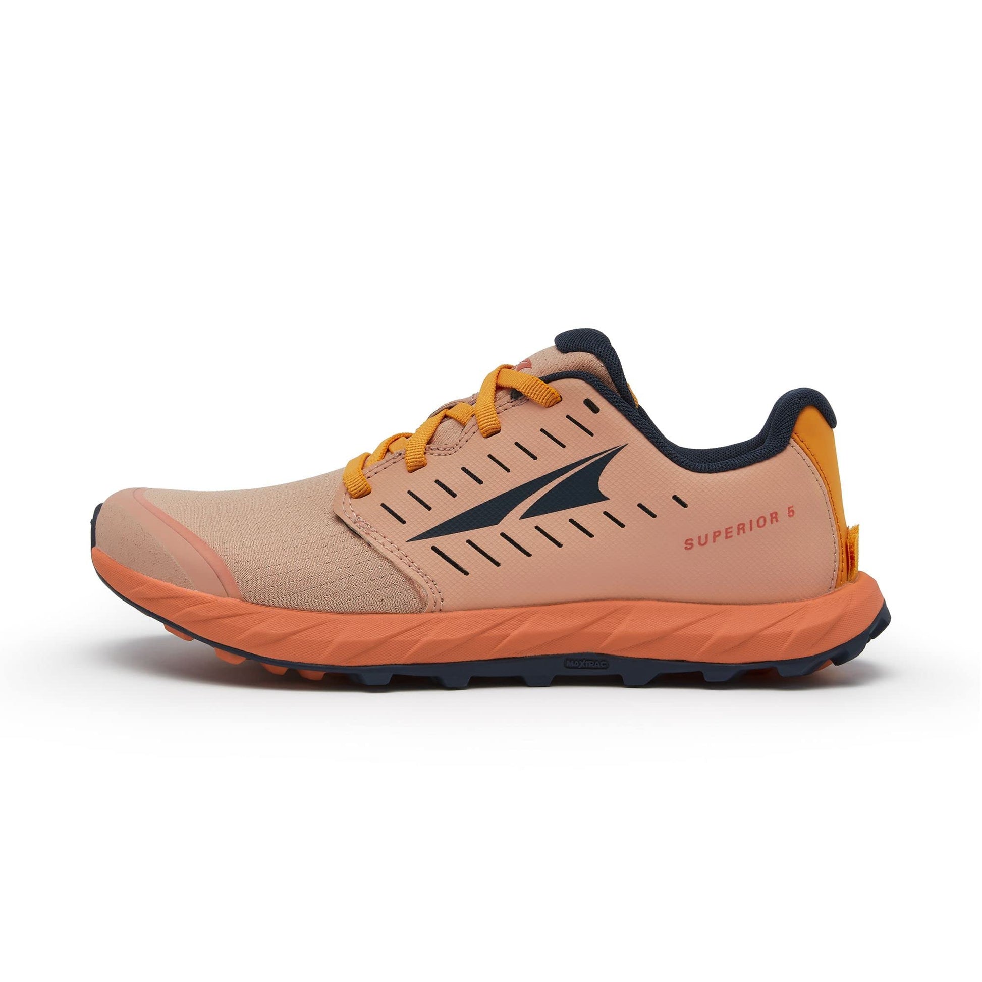 Beige and orange running shoe with brand logo on a white background