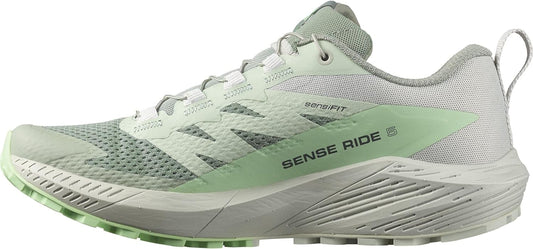 Salomon Women's SENSE RIDE 5 Trail Running Shoes for Women, Lily Pad / Metal / Green Ash, 9.5