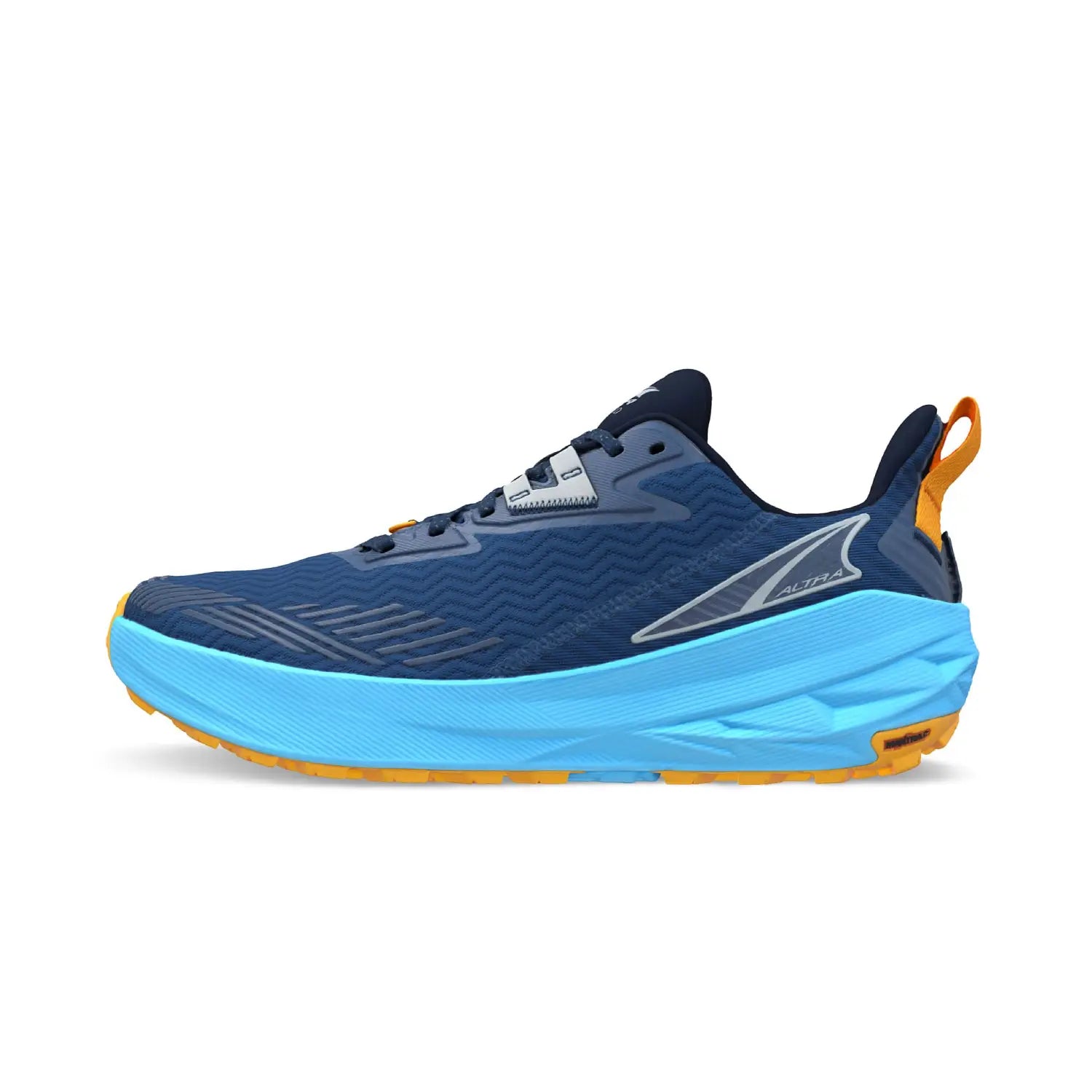 Blue running shoe with orange accents on a white background