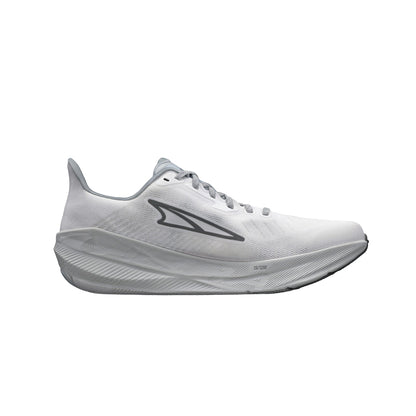 White running shoe with a brand logo on a white background