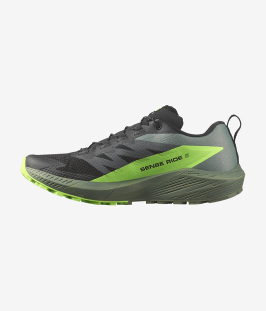 Salomon Men's Sense Ride 5 Trail Running Shoes, Black/Laurel Wreath/Green Gecko