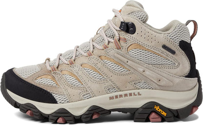 Beige hiking shoe with black accents on a white background