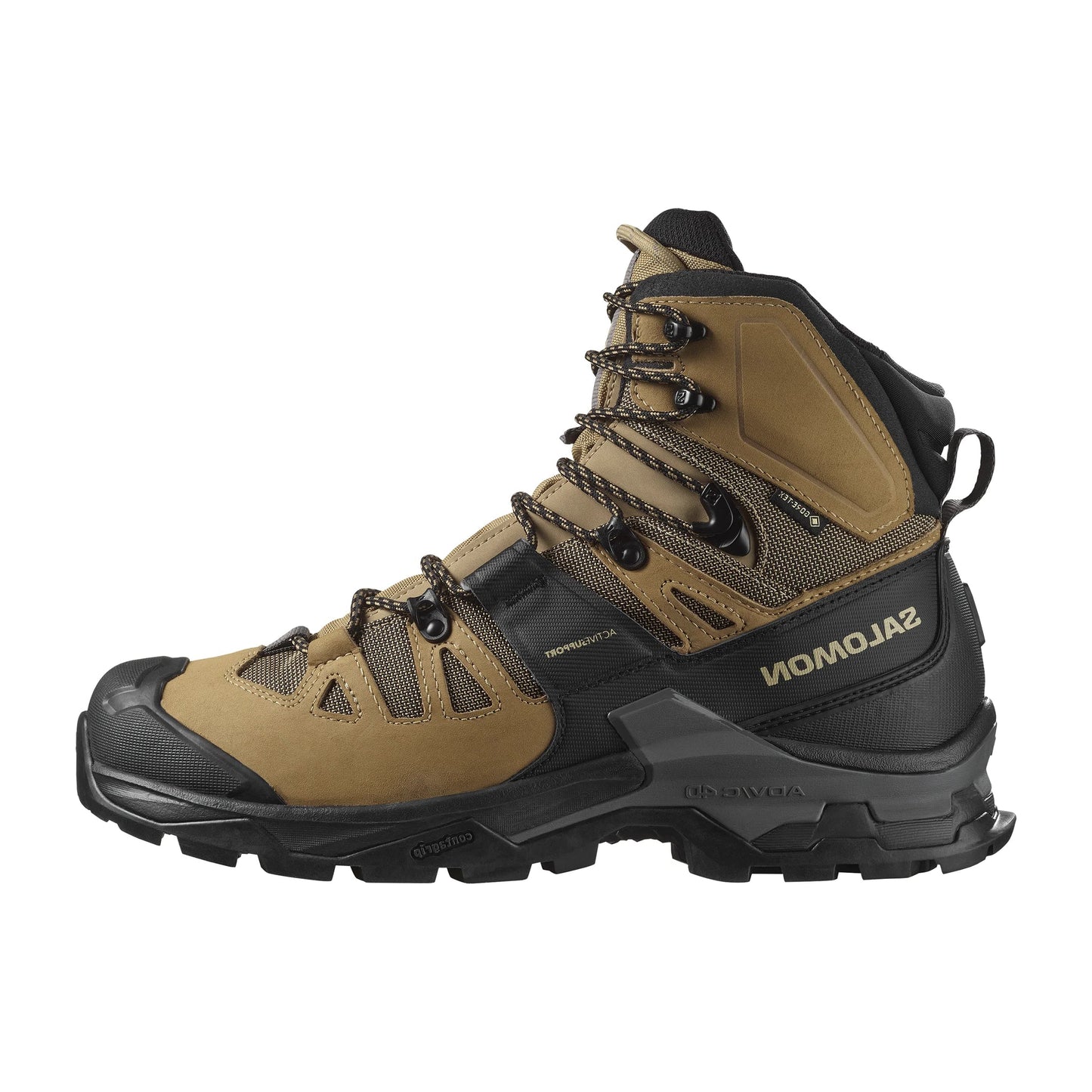 Brown hiking boot with black sole on a white background