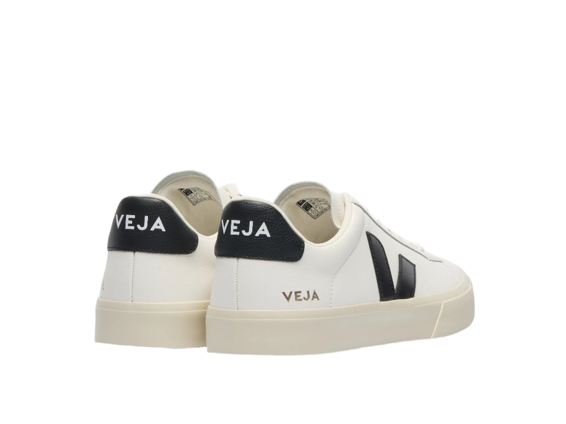 White sneakers with black accents and 'VEJA' branding on a white background