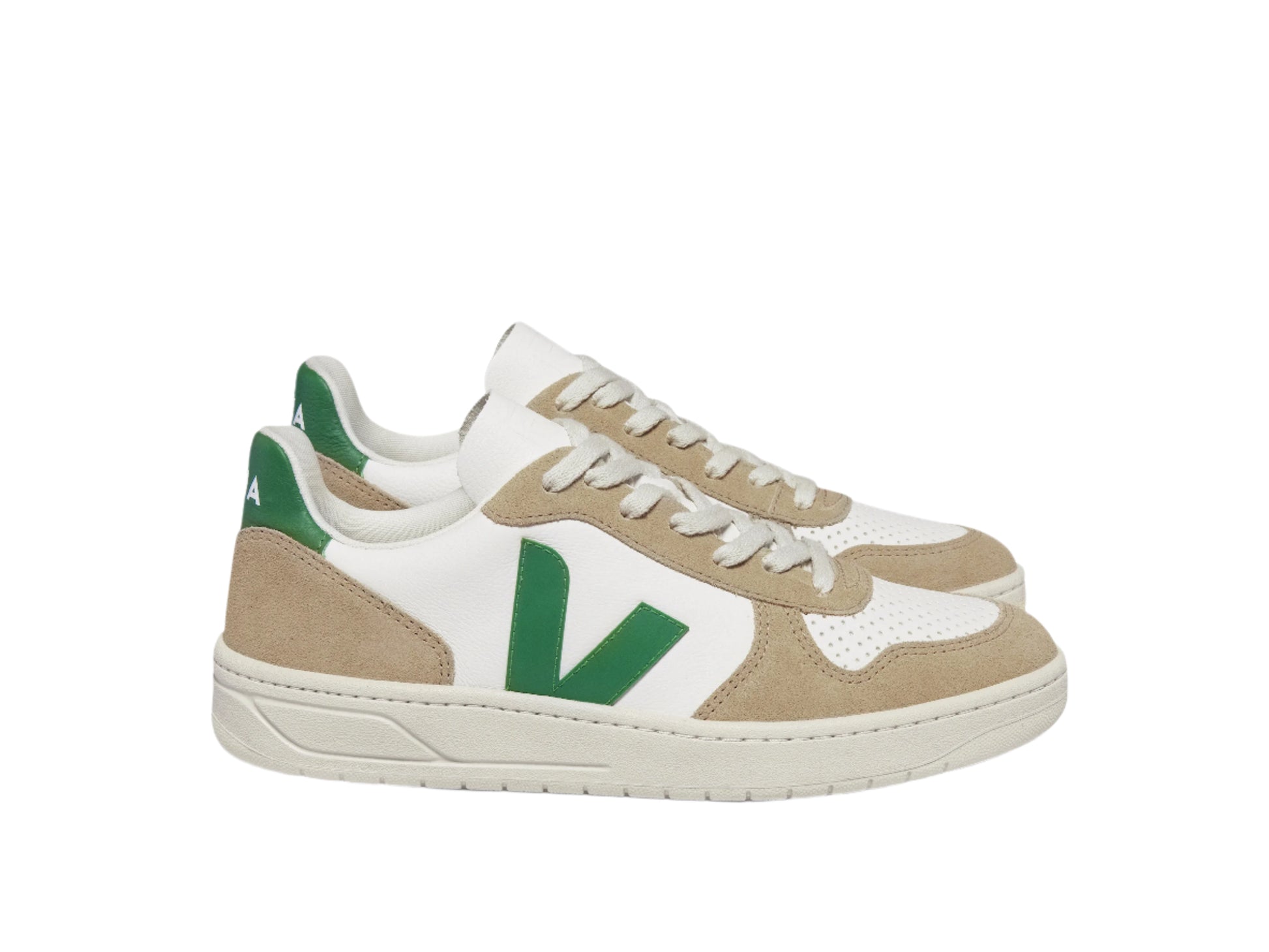 Sneaker with green and beige design on a white background